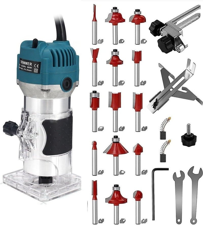 Mefape 110V Router Tool, 800W Wood Trim Router, 30000RPM Electric Hand Trimmer, Palm Router with 15x 1/4” Router Bits & 2x Trim Guides for Woodworking Tools, Adjustable Base Height w/Scale - Image 1